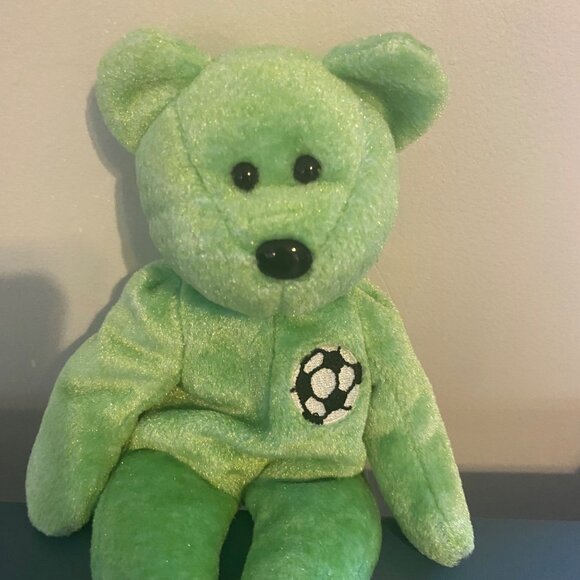 Vtg 1999 Ty Beanie Baby Kicks Green Soccer Teddy Bear Plush Stuffed Animal 8.5" - Picture 2 of 5